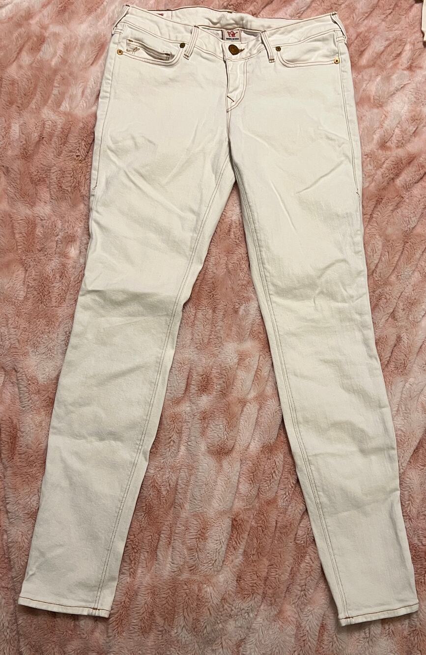 True Religion Women’s Sz 31 White Straight Leg Jeans Contrast Stitch Made in USA